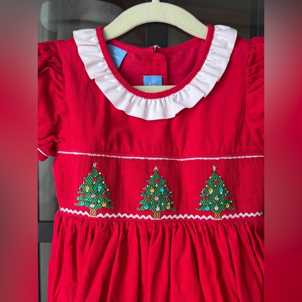 Anavini Christmas trees smocked dress bow corduroy puff sleeve toddler collar - Picture 2 of 5